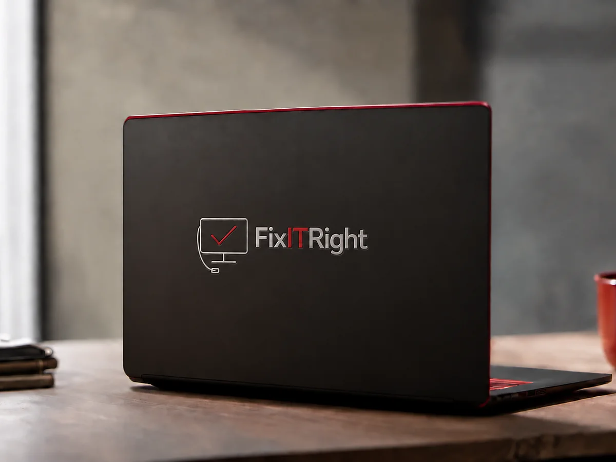 Dark laptop with the FixITRight emblem and business name inlaid into the back of its lid.