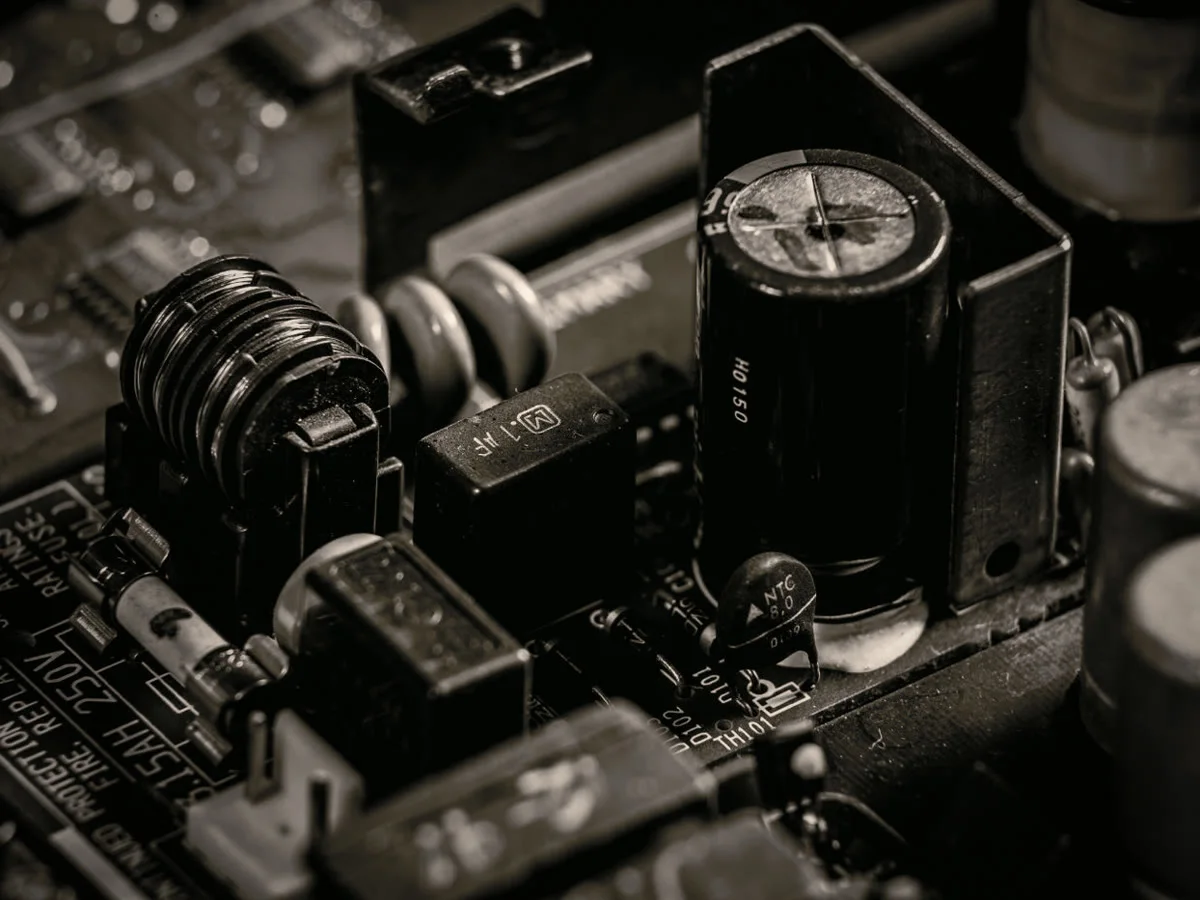 Close-up of power components on a computer board